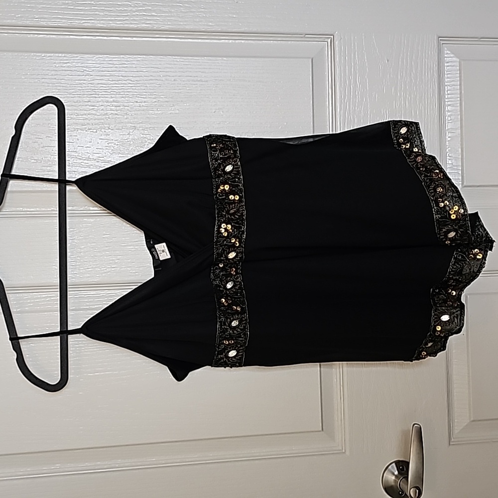 ING Womens 2X Black Gold Sequin Beaded Trim Babydoll Cami Tank Top Y2K